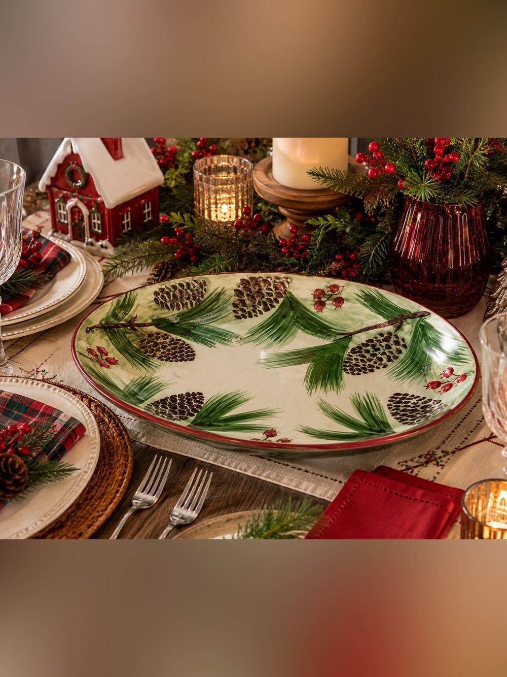 Clay Art Christmas Pinecone & Berry Oval Serving Platter ~ Hand Painted